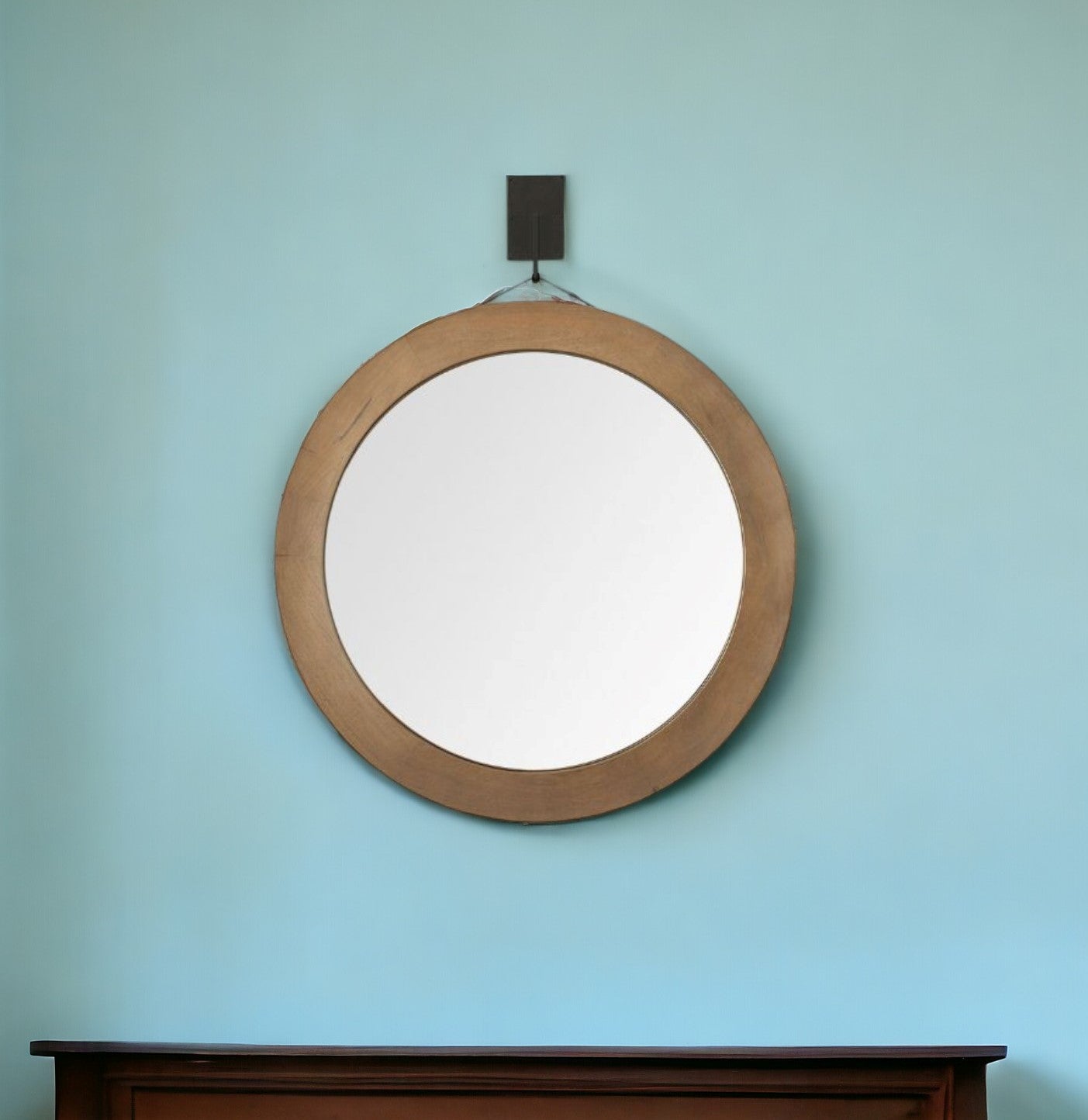 44" Wood Brown Round Framed Accent Mirror