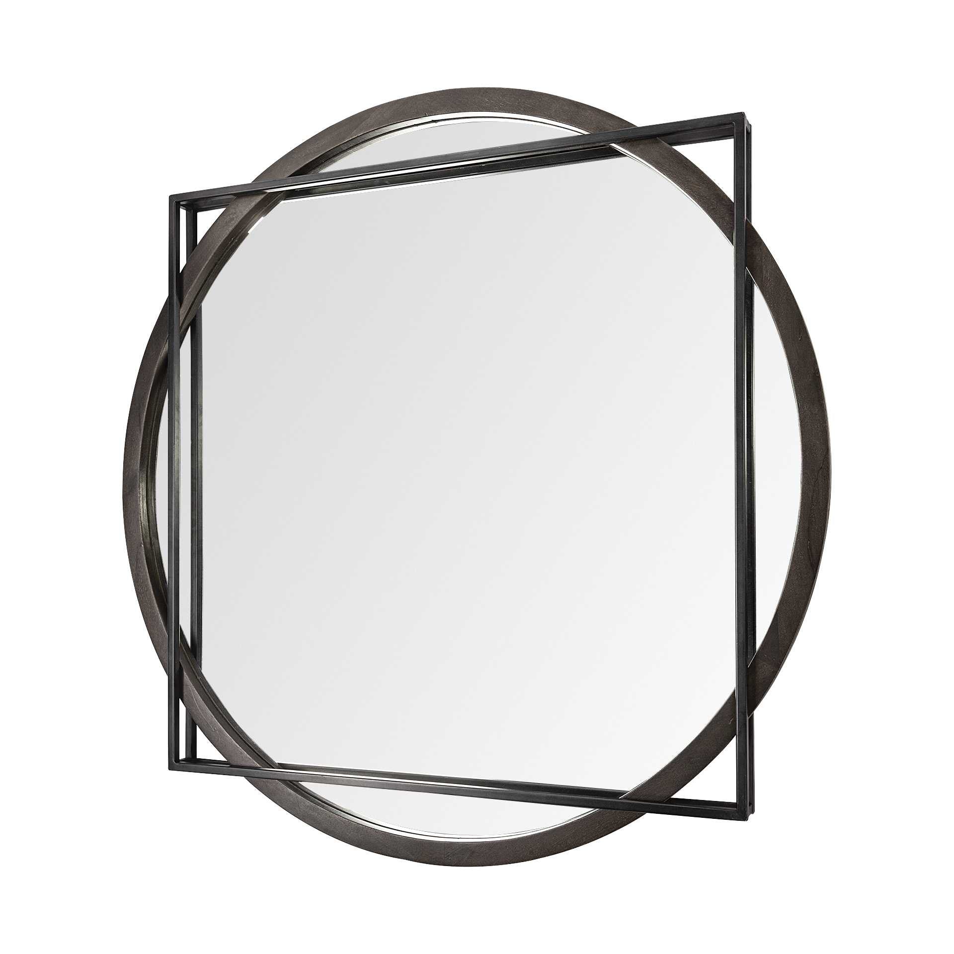 46" Round on Square Black Wood And Metal Frame Wall Mirror - Homeroots