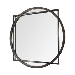 46" Round on Square Black Wood And Metal Frame Wall Mirror - Homeroots