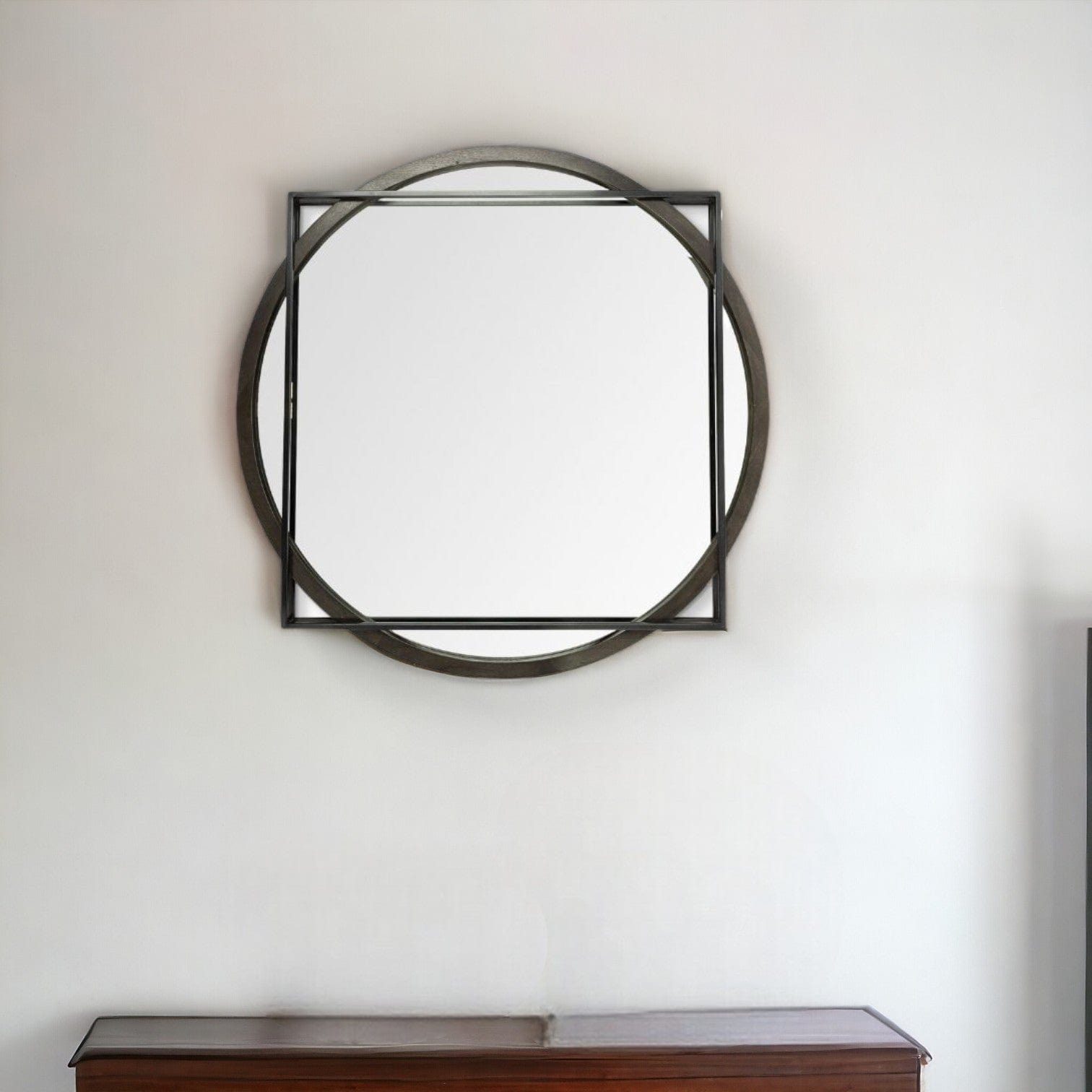 46" Round on Square Black Wood And Metal Frame Wall Mirror - Homeroots