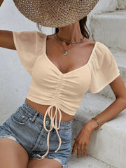 Drawstring Short Sleeve Crop Top - Trendsi