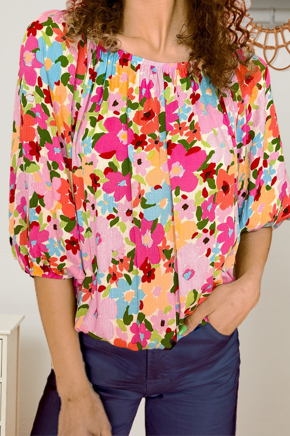 Printed Round Neck Half Sleeve Blouse - Flyclothing LLC