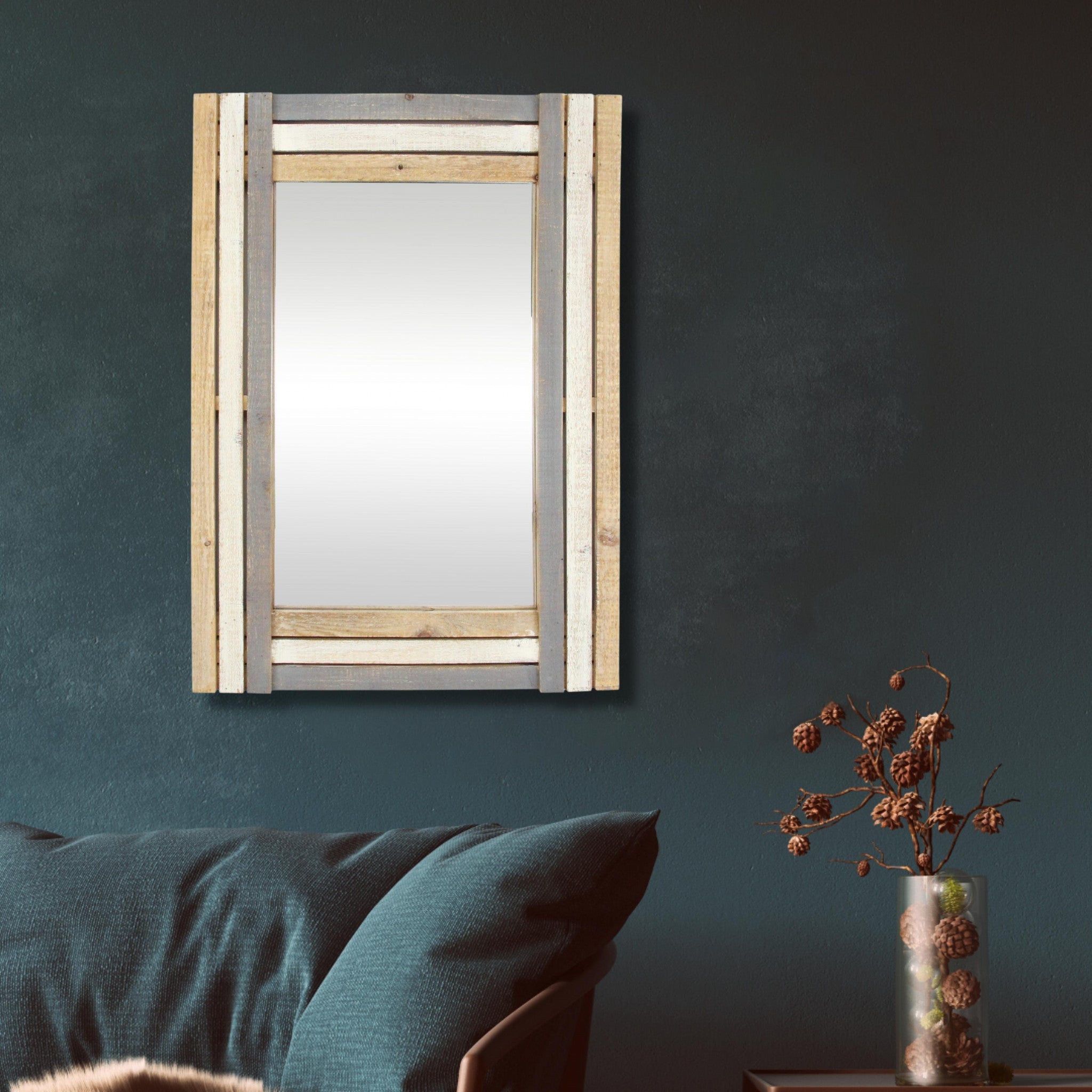 32" Gray Natural and White Wood Framed Accent Mirror