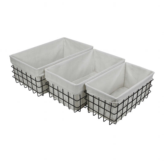 Set Of 3 Rectangular White Lined And Metal Wire Baskets