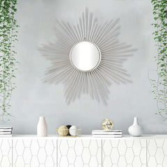 Striking Silver Metal Sunburst Design Wall Mirror