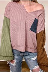 Color Block Textured Notched Long Sleeve Top