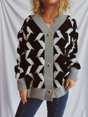 Contrast Trim Geometric V-Neck Long Sleeve Cardigan - Trendsi