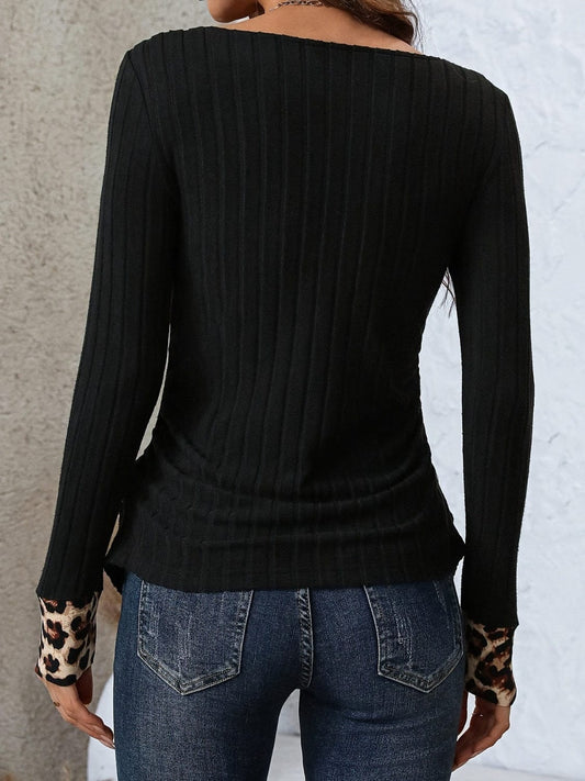 Leopard Boat Neck Long Sleeve T-Shirt - Trendsi