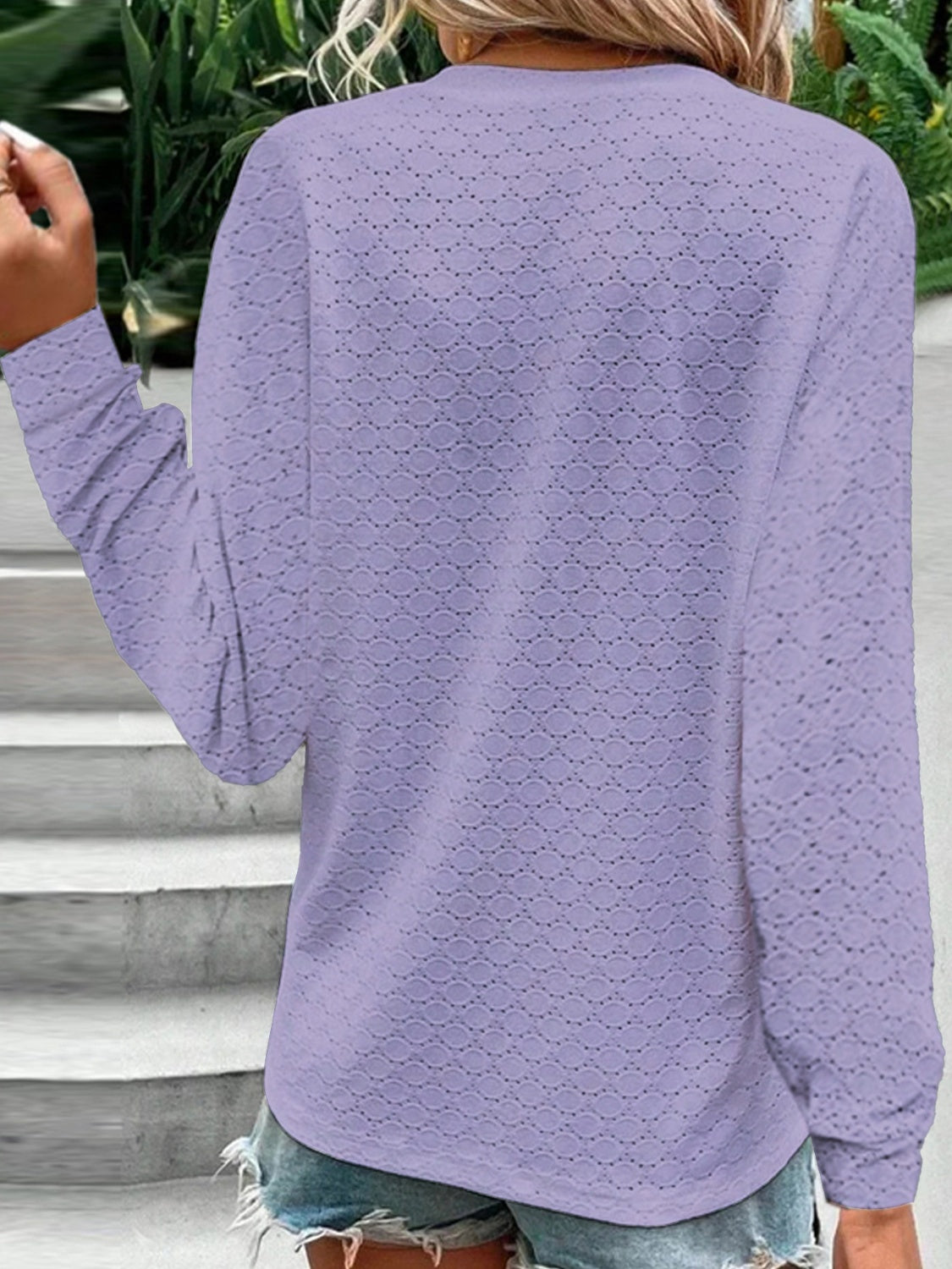 Eyelet Notched Long Sleeve T-Shirt - Flyclothing LLC