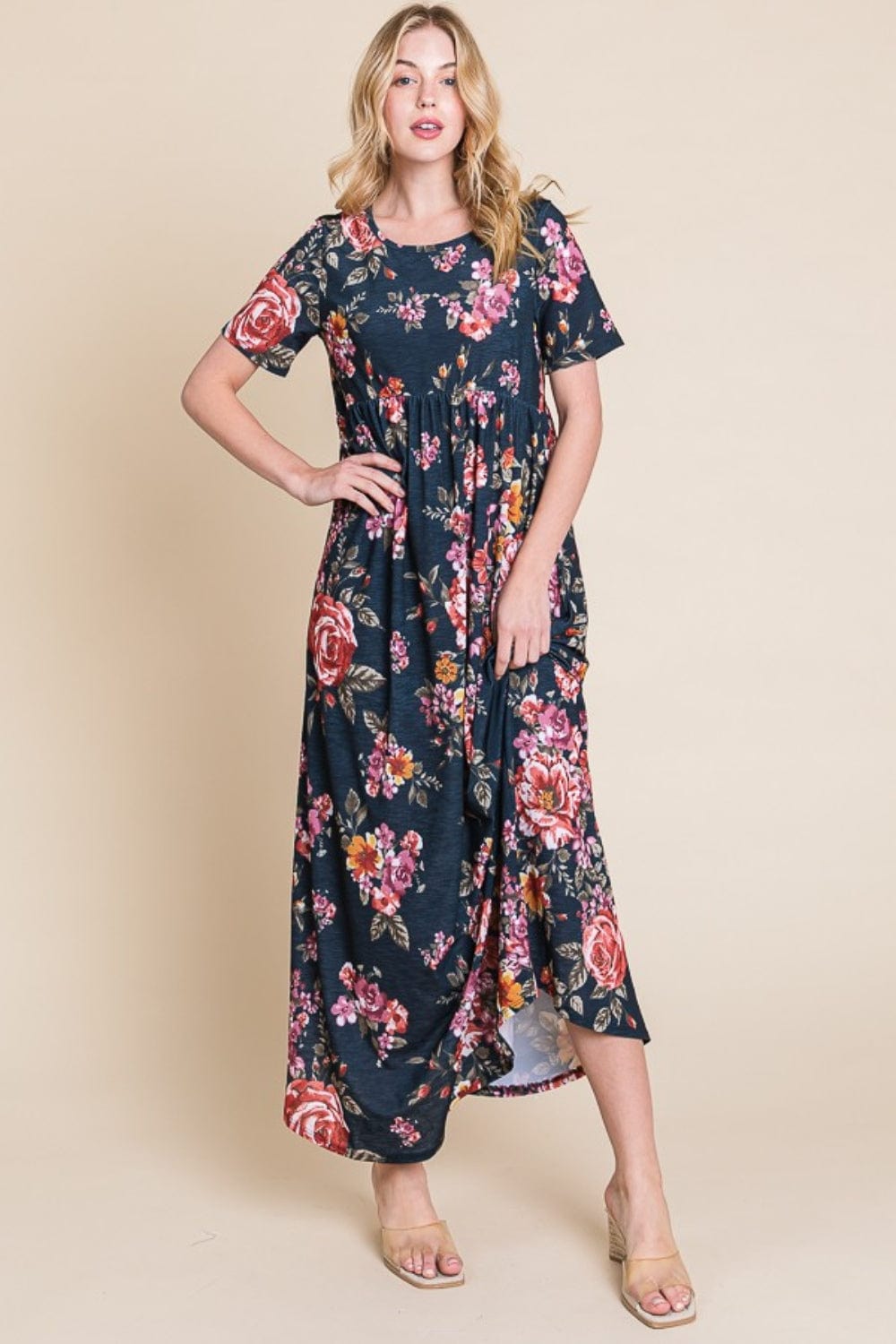 BOMBOM Floral Short Sleeve Maxi Dress - Trendsi