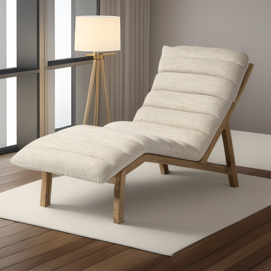 54" Cream And Wood Brown Fabric Tufted Lounge Chair