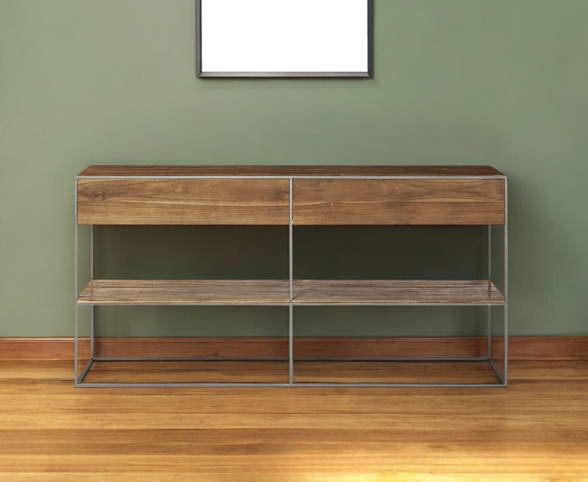 Brown Wood And Silver Metal Frame With 2 Drawer And Sideboard - Homeroots