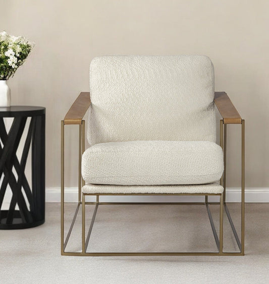 34" Cream And Gold Linen Lounge Chair - Homeroots