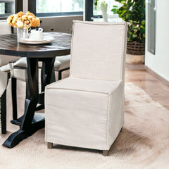 Beige And Brown Slipcovered Wood Parsons chair - Homeroots