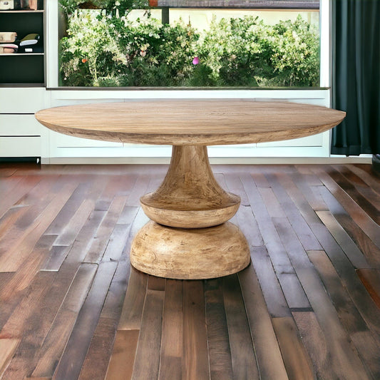 60" Natural Rounded Solid Wood Pedestal Base Dining Table - Homeroots