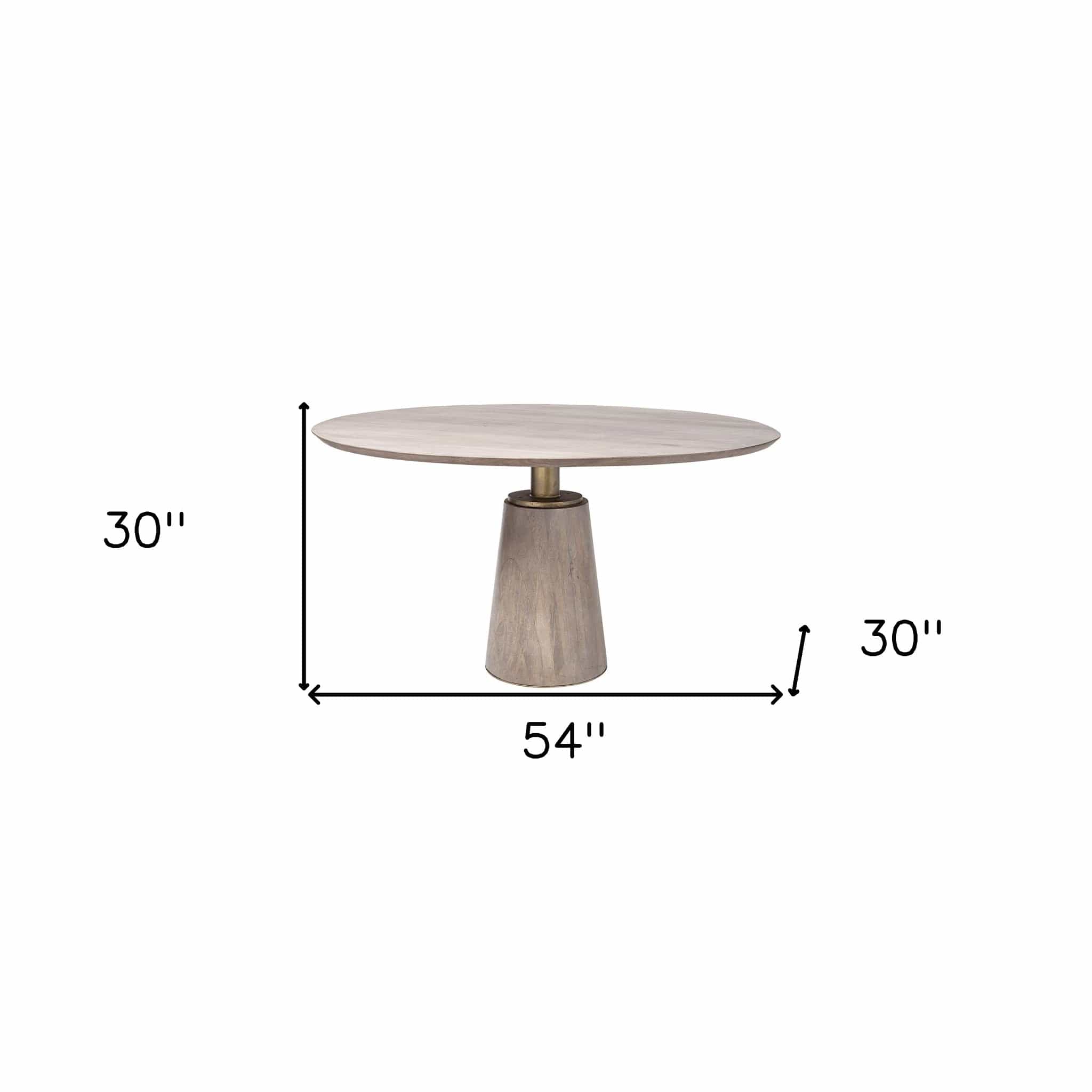 54" Brown And Gold Rounded Solid Wood And Metal Pedestal Base Dining Table - Homeroots