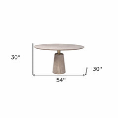 54" Brown And Gold Rounded Solid Wood And Metal Pedestal Base Dining Table - Homeroots