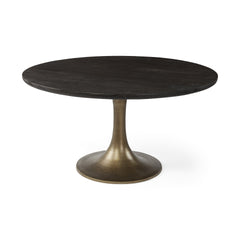 54" Black And Brass Rounded Solid Wood And Metal Pedestal Base Dining Table - Homeroots