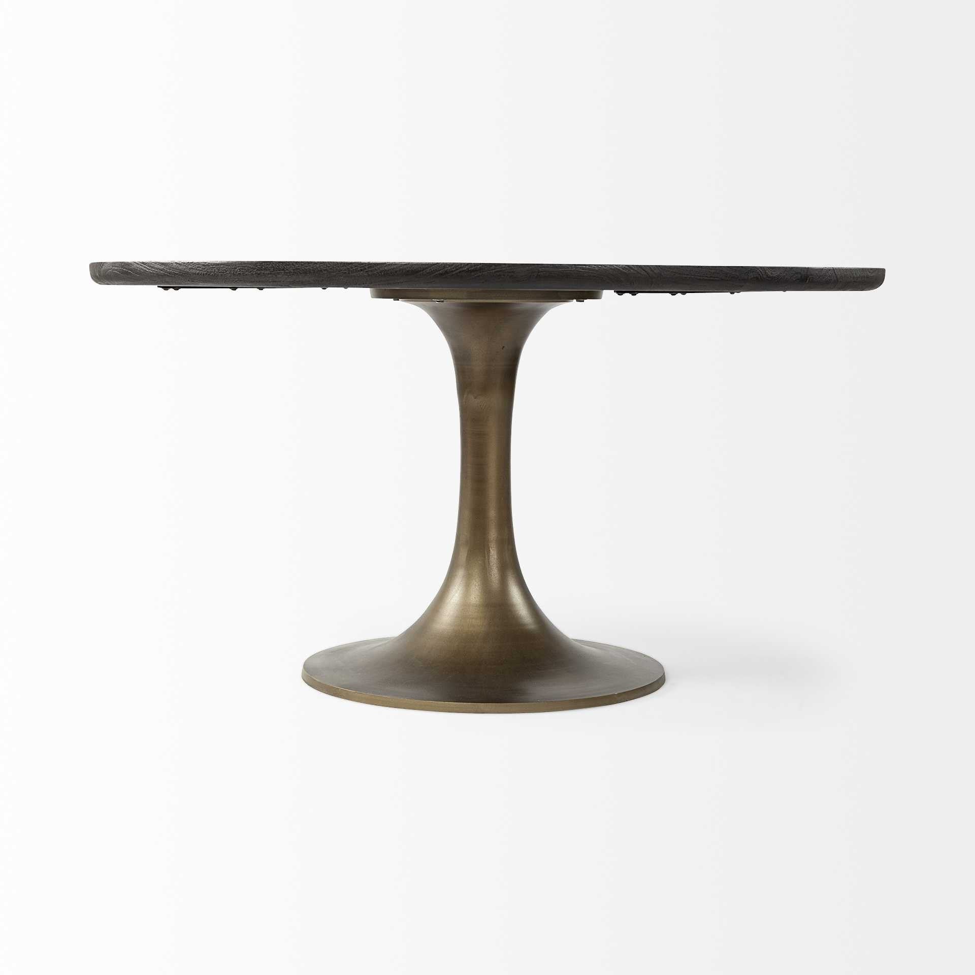 54" Black And Brass Rounded Solid Wood And Metal Pedestal Base Dining Table - Homeroots