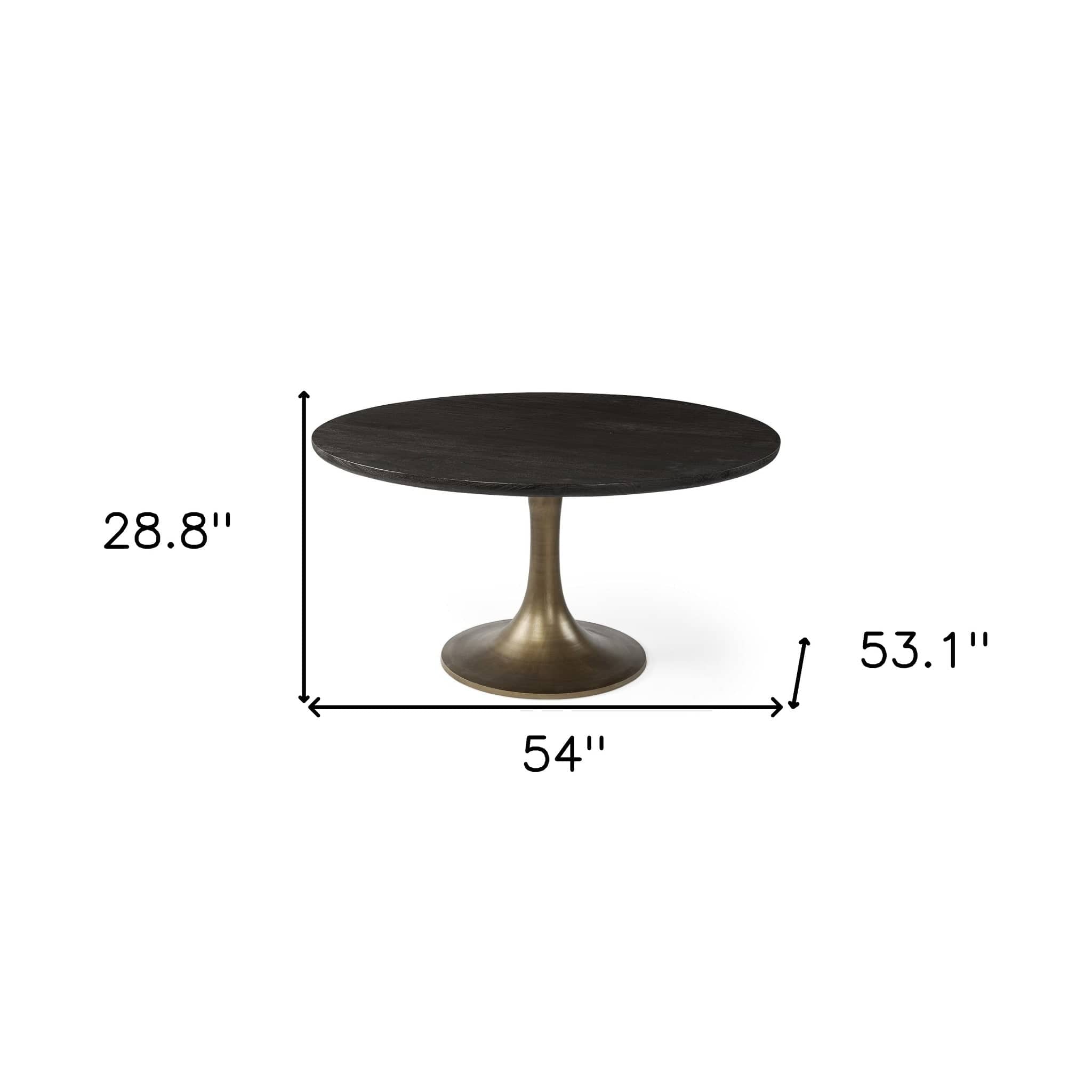 54" Black And Brass Rounded Solid Wood And Metal Pedestal Base Dining Table - Homeroots