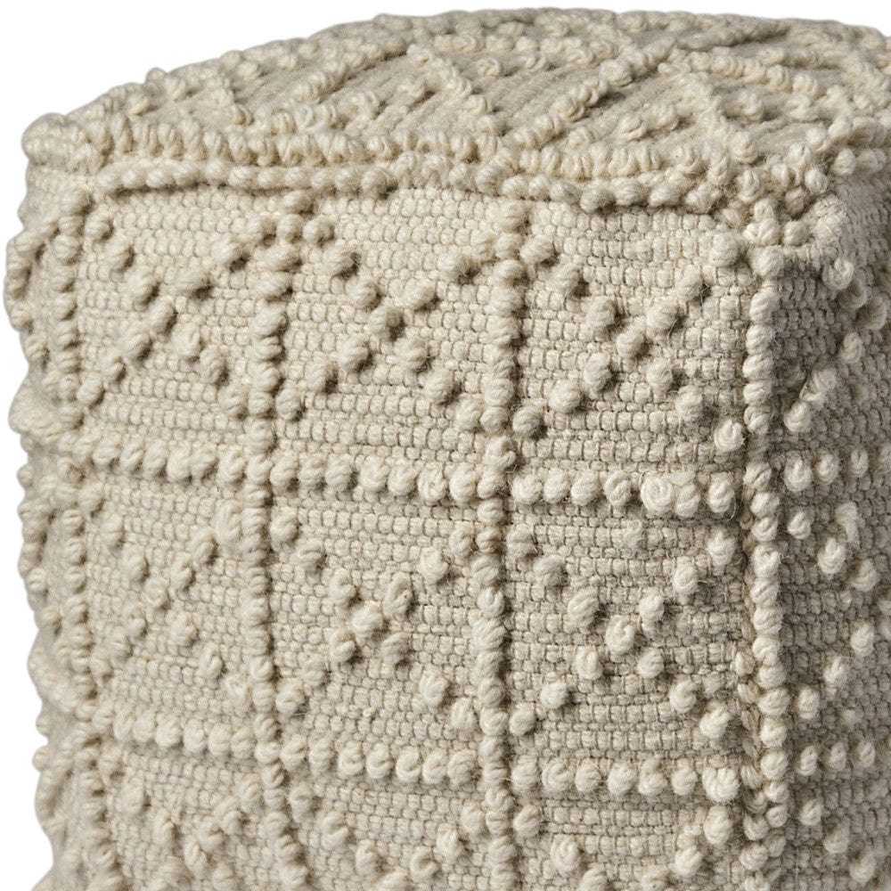 Ivory Wool Sqaure Pouf With Popcorn Detail - Homeroots