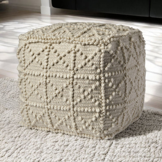 Ivory Wool Sqaure Pouf With Popcorn Detail - Homeroots