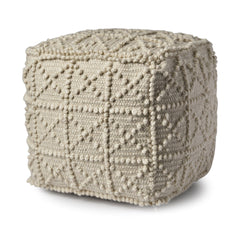 Ivory Wool Sqaure Pouf With Popcorn Detail - Homeroots