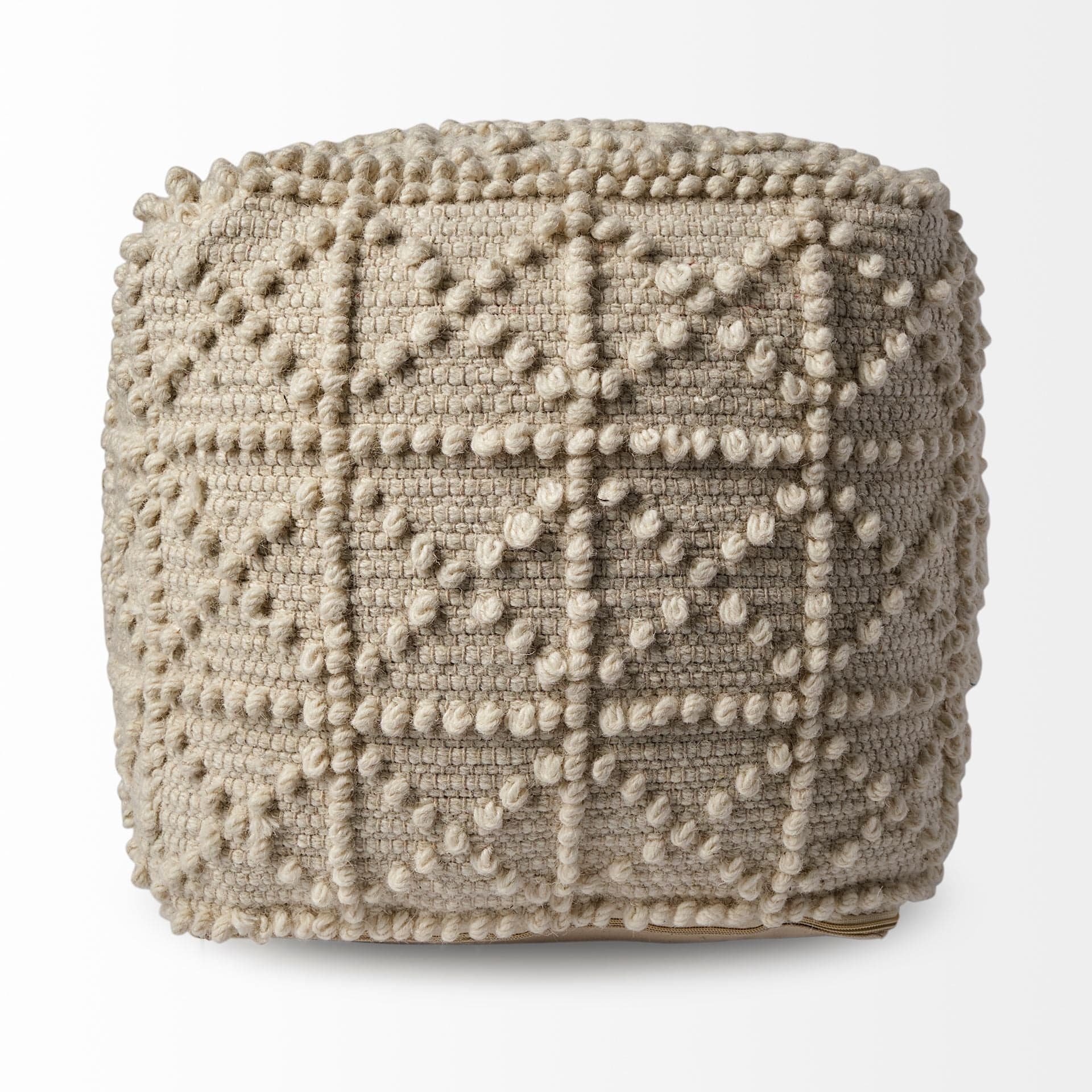 Ivory Wool Sqaure Pouf With Popcorn Detail - Homeroots