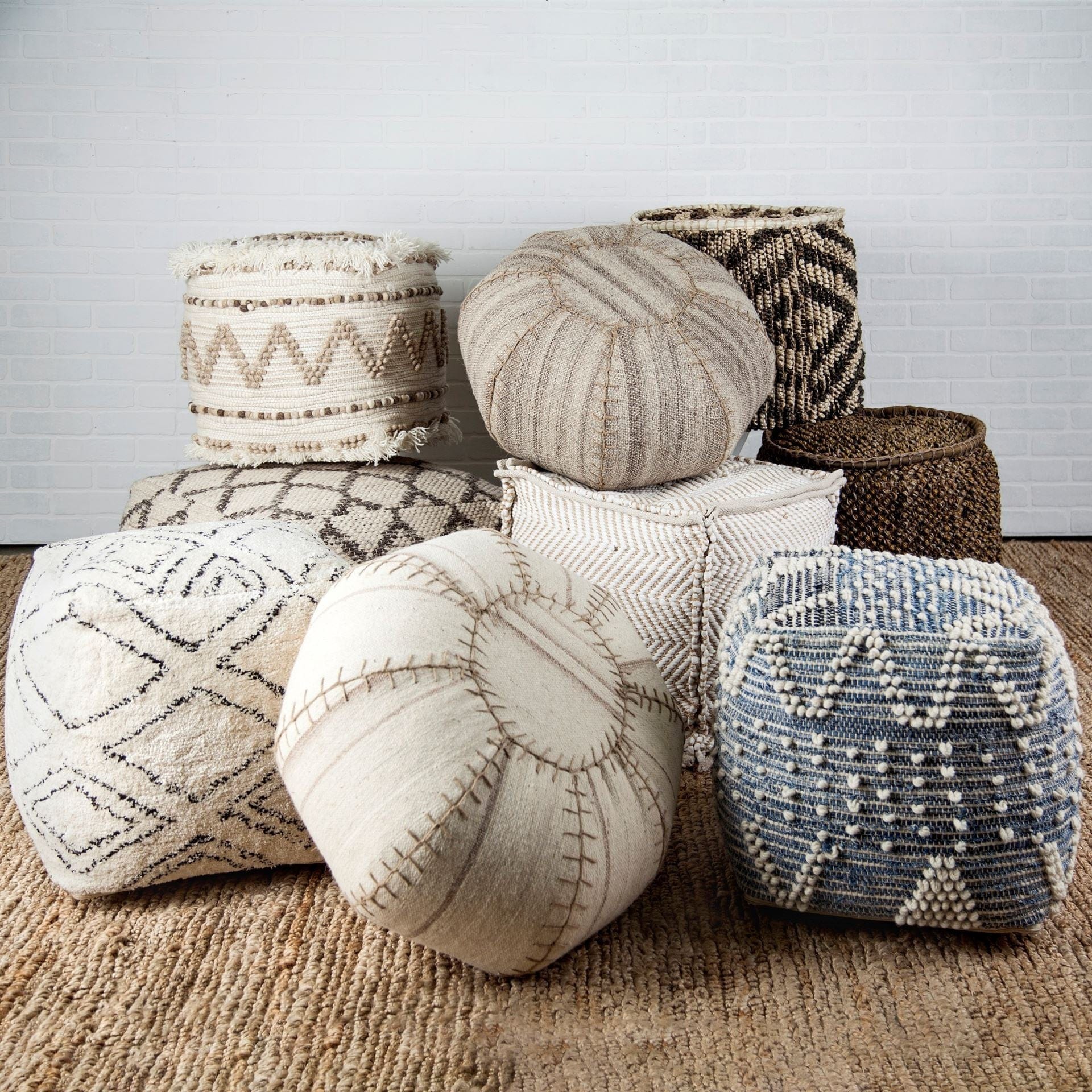 Beige Cotton Square Pouf With Argyle Pattern - Homeroots