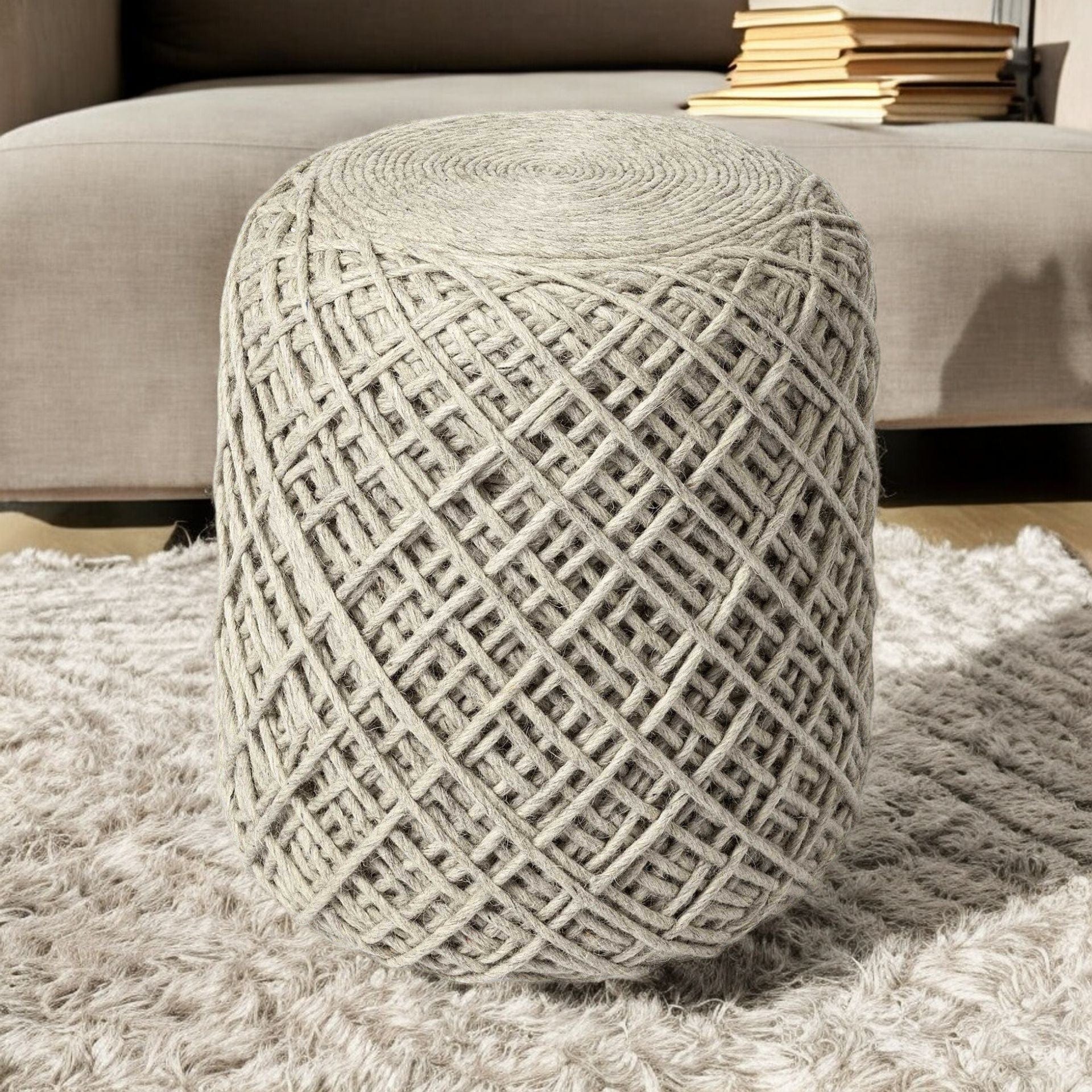 Oatmeal Wool Cylindrical Pouf With Diamond Pattern