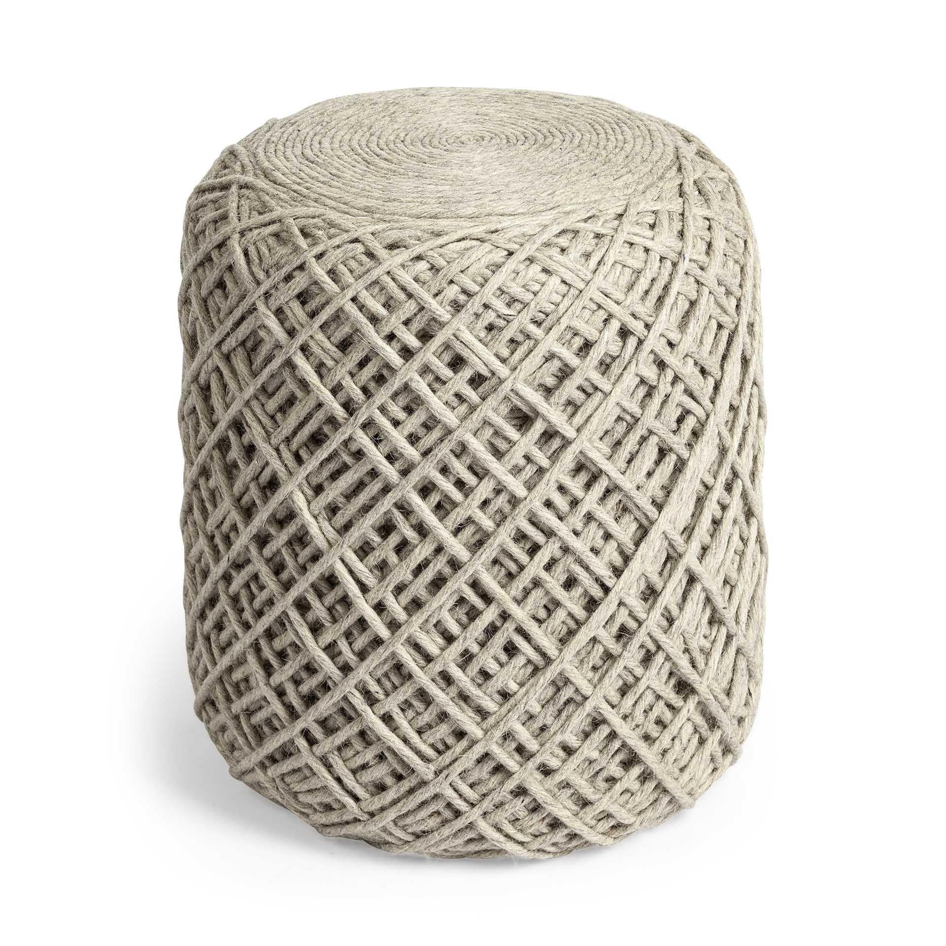 Oatmeal Wool Cylindrical Pouf With Diamond Pattern