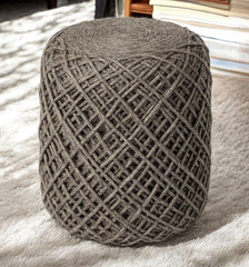 Brown Wool Cylindrical Pouf With Diamond Pattern