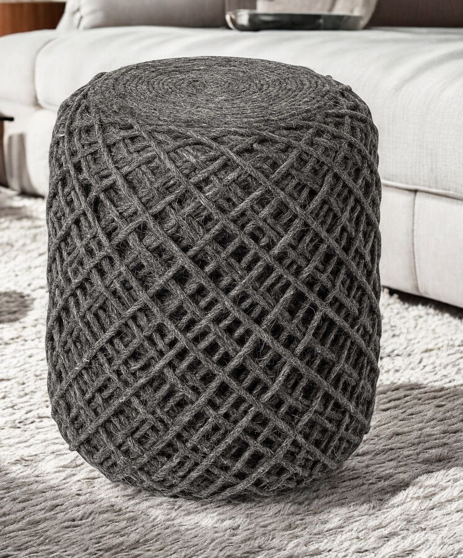 Dark Gray Wool Cylindrical Pouf With Diamond Pattern