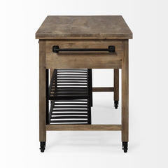 Brown Solid Wood Top Kitchen Island With Two Tier Black Metal Rolling