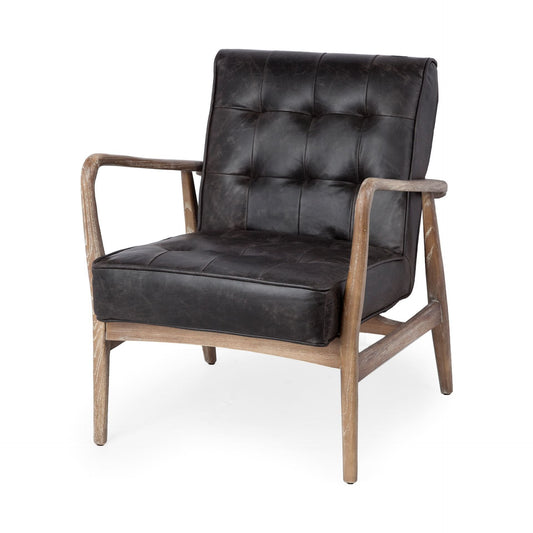 28" Black And Brown Leather Tufted Lounge Chair