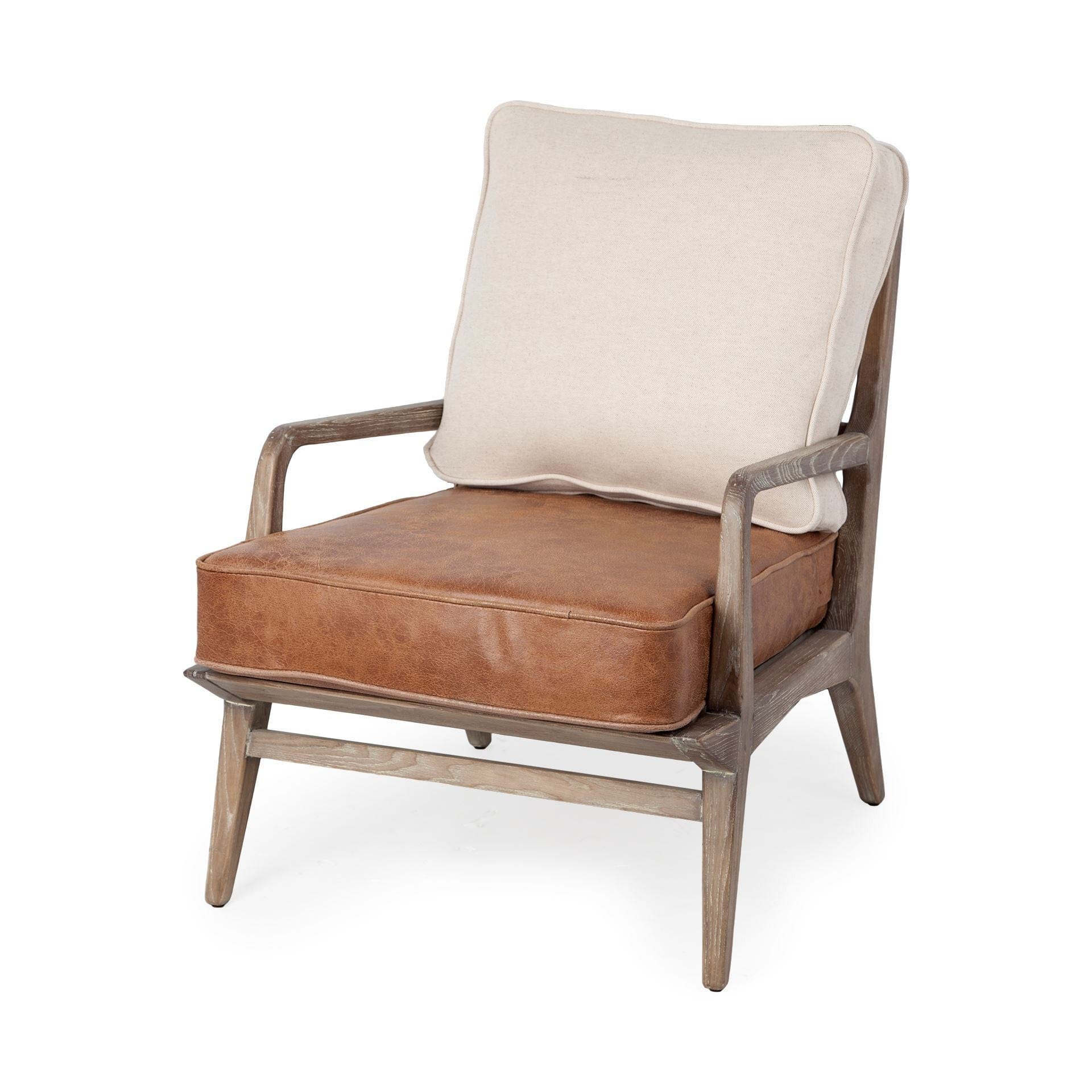 24" Beige and Brown And Brown Leather Arm Chair