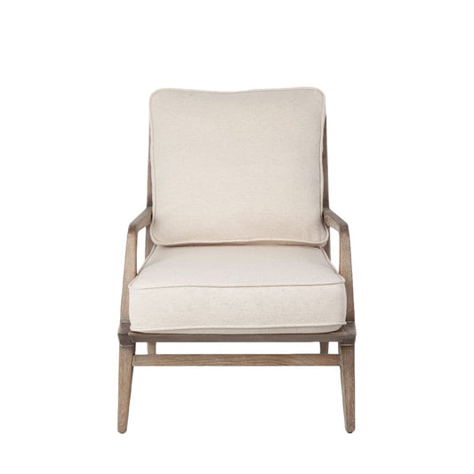 24" Ivory And Wood Brown Fabric Arm Chair