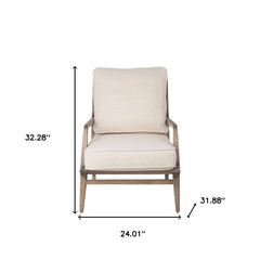 24" Ivory And Wood Brown Fabric Arm Chair