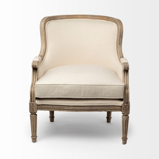 Elizabeth Cream Fabric Seat Accent Chair With Wooden Base Detailed Back