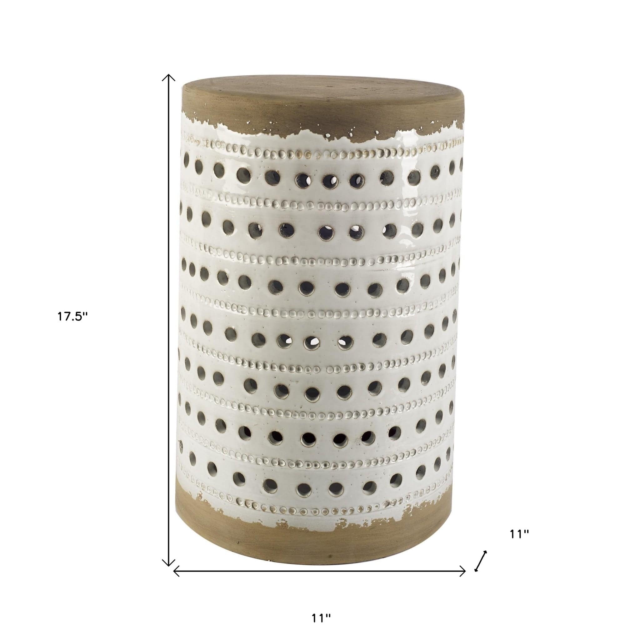 White Glazed Accent Table With Cylindrical Ceramic Tan Base