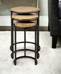 Set of Three 27" Black And Brown Solid Wood Round End Table