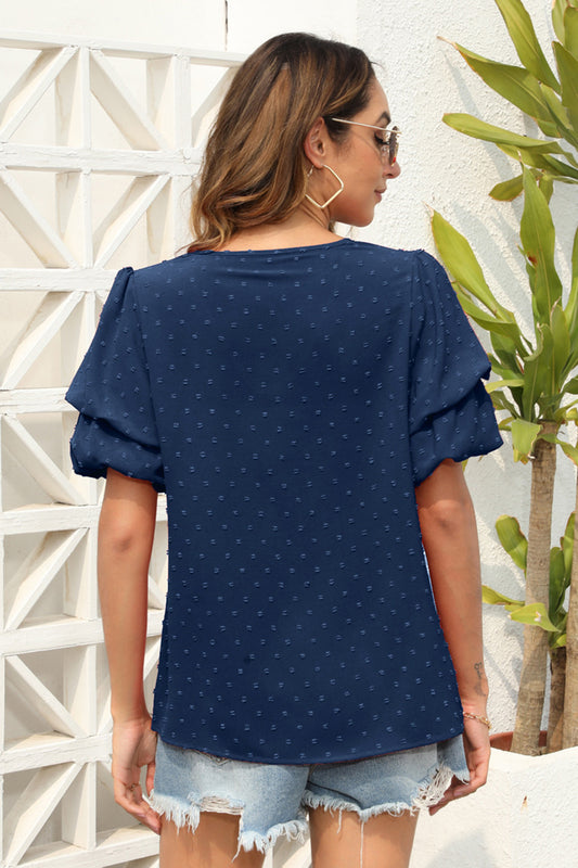 Swiss Dot V-Neck Short Sleeve Blouse Trendsi