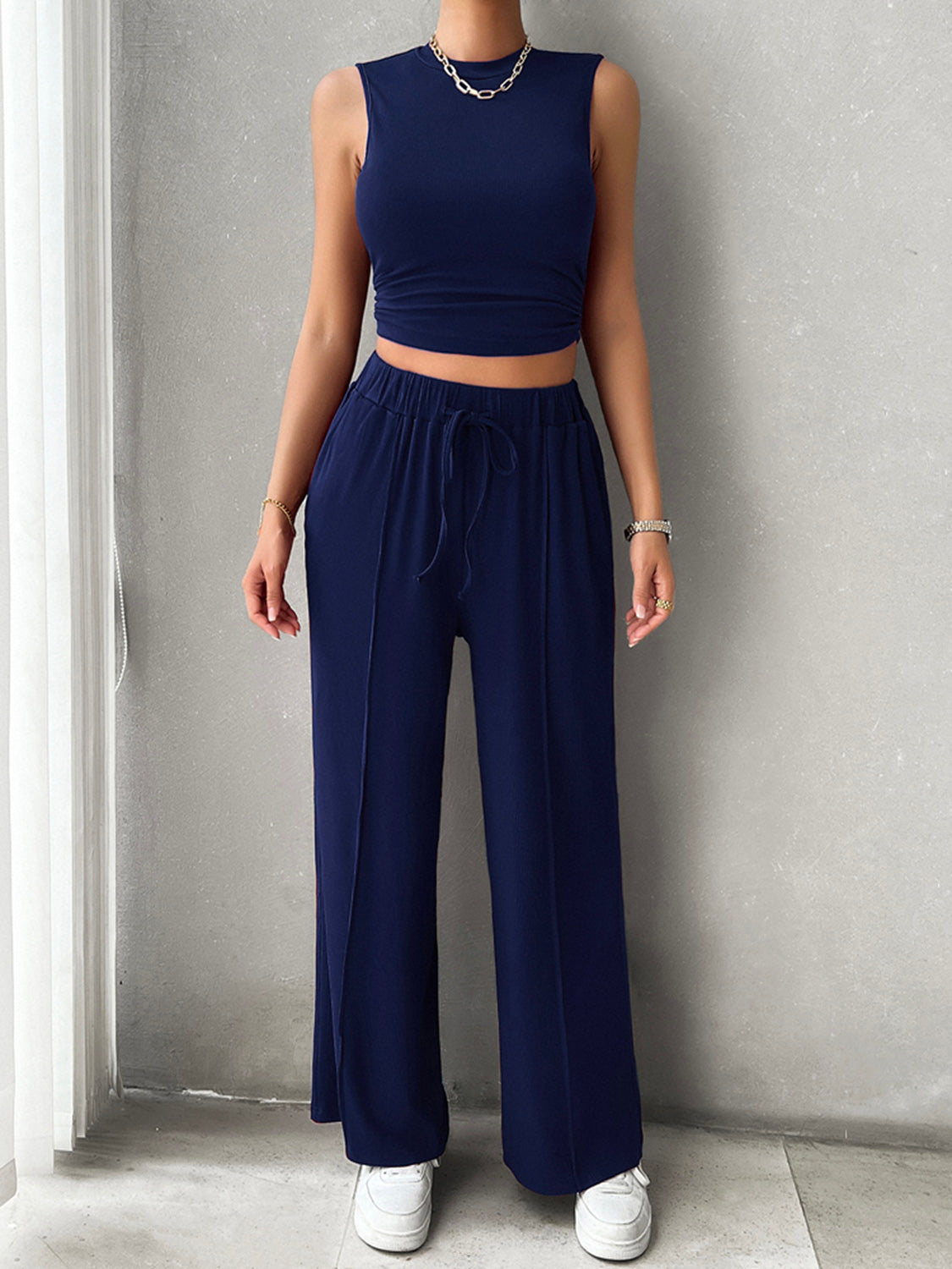 Mock Neck Sleeveless Top and Drawstring Pants Set Trendsi