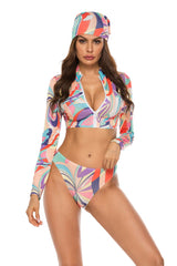 Printed Zip Up Three-Piece Swim Set - Flyclothing LLC