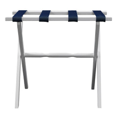 Hotel White Finish Wood Folding Luggage Rack With Navy Straps