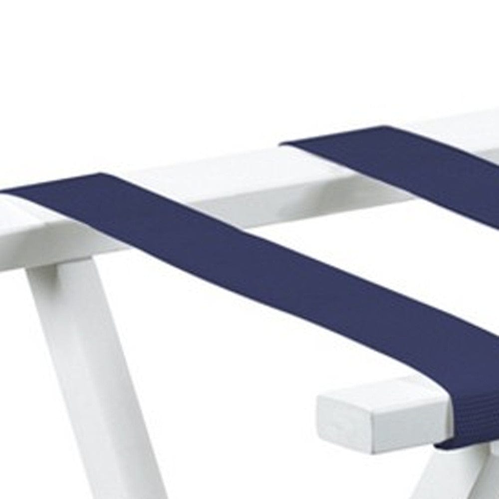 Hotel White Finish Wood Folding Luggage Rack With Navy Straps