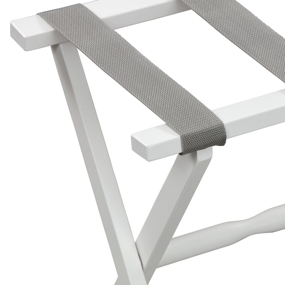 Hotel White Finish Wood Folding Luggage Rack With Gray Straps - Homeroots