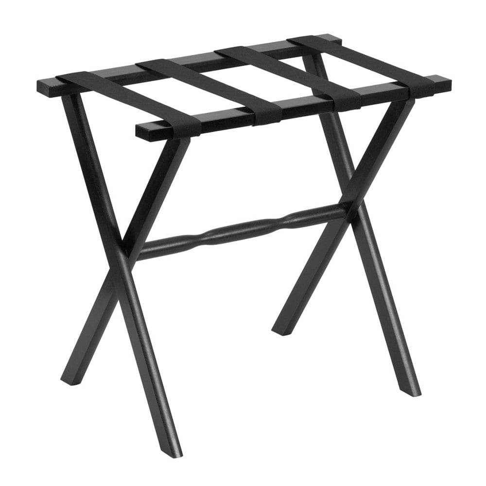 Hotel Black Finish Wood Folding Luggage Rack With Black Straps - Homeroots