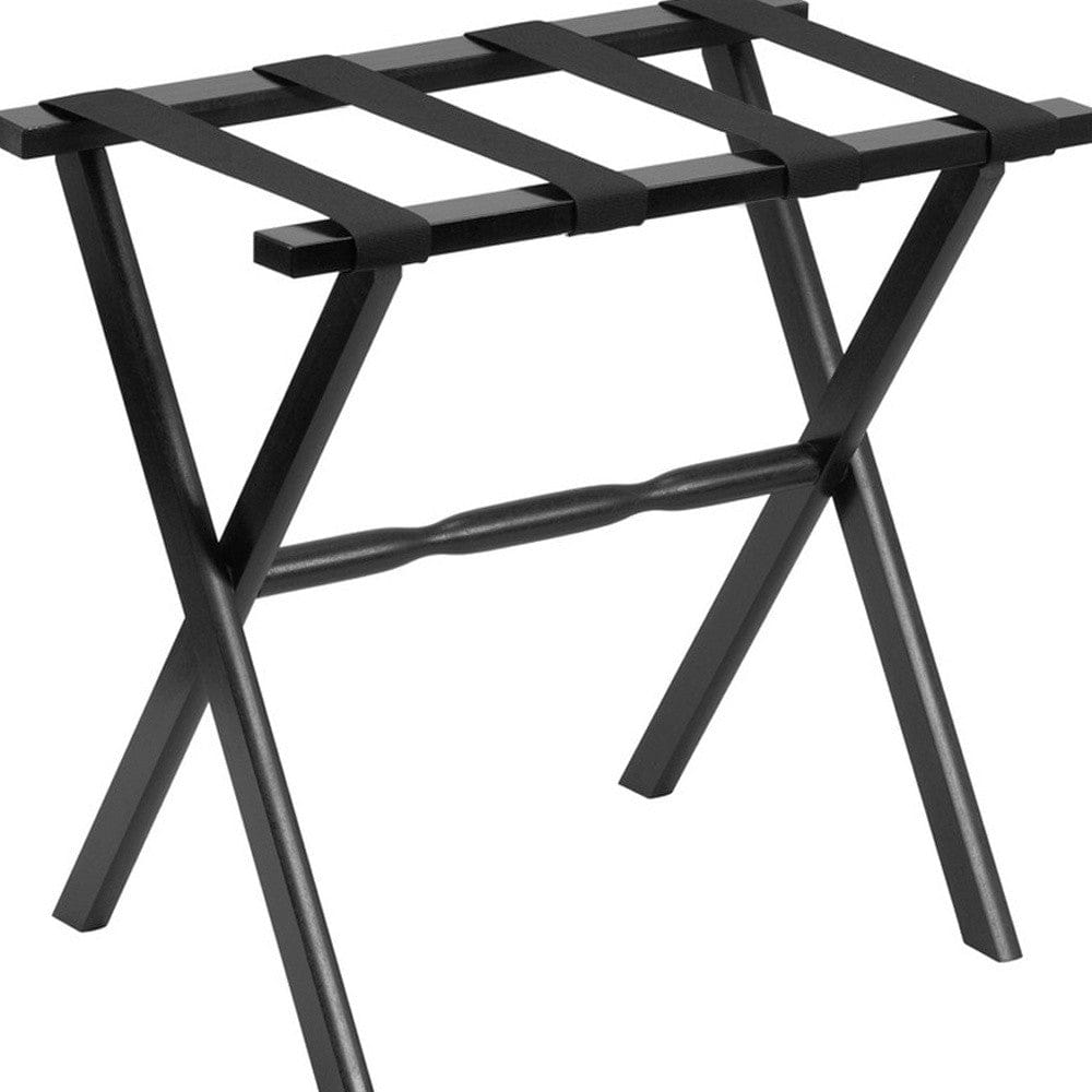 Hotel Black Finish Wood Folding Luggage Rack With Black Straps - Homeroots