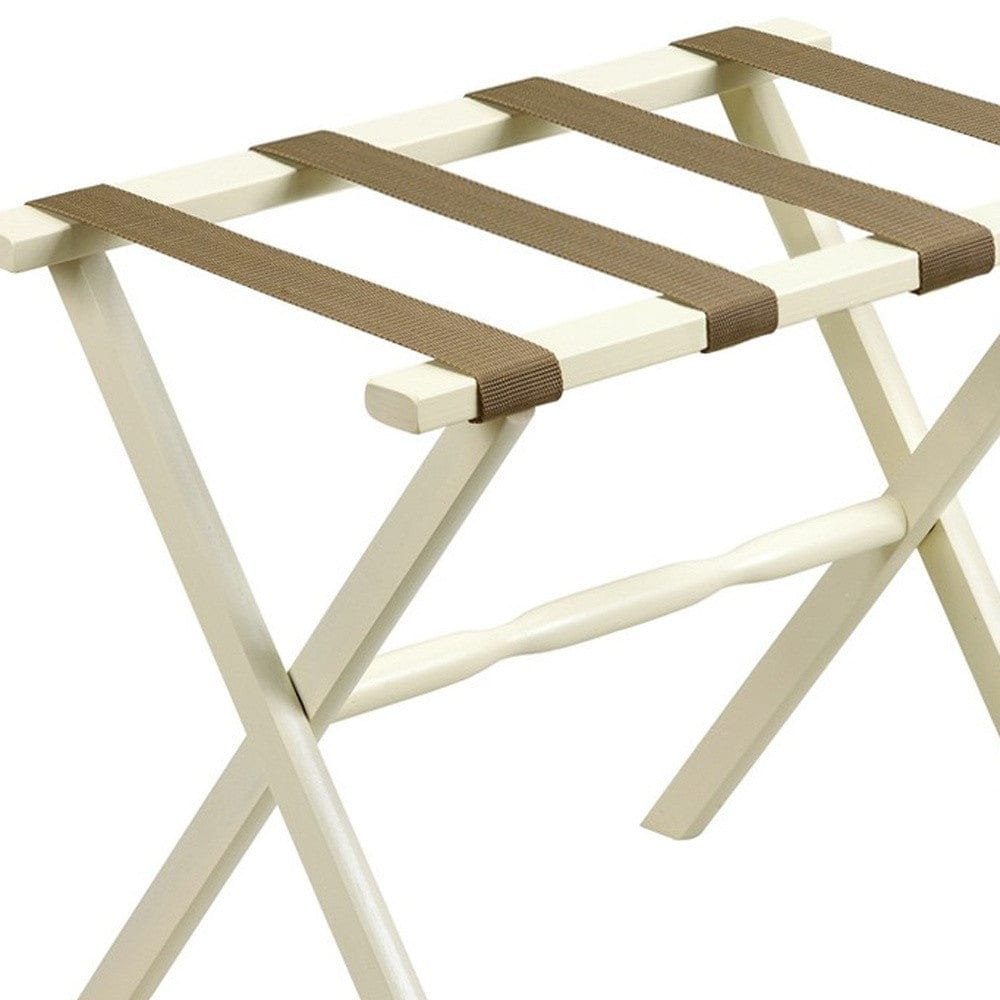 Hotel Ivory Finish Wood Folding Luggage Rack With Tan Straps - Homeroots